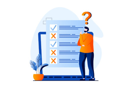 Online survey concept with people scene in flat cartoon design. Man thinking and fills out form of questionnaire, marking correct and incorrect answers. Vector illustration visual story for web