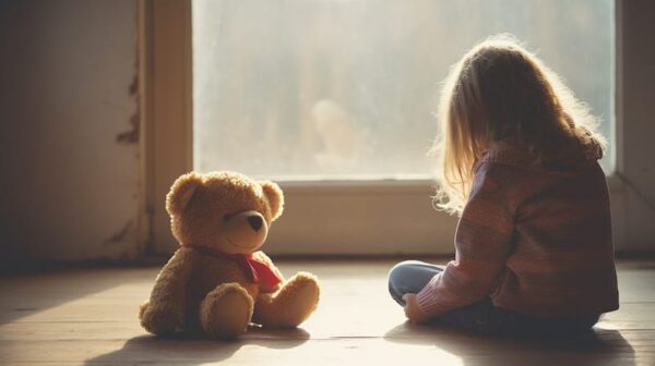 a child is sitting with bear 